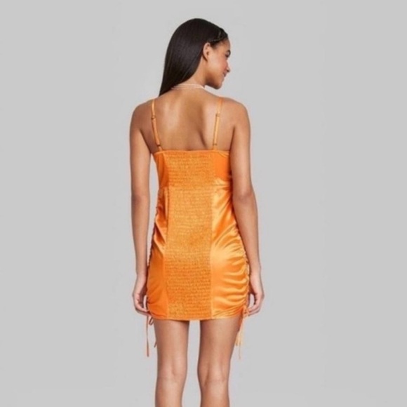 NWT Wild Fable Women's Ruched Side Bodycon Satin Dress in Neon Orange Size S - Picture 4 of 9